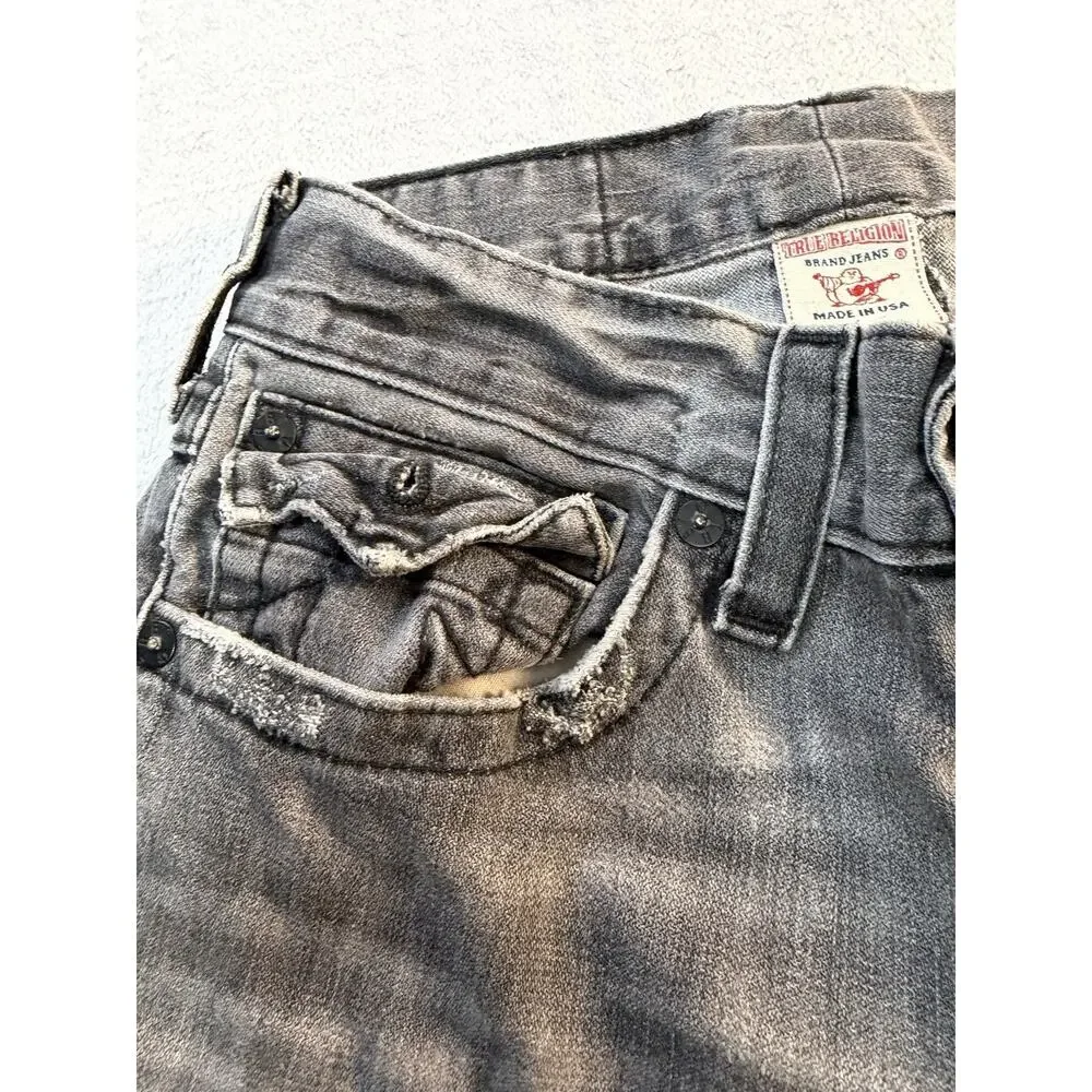 True Religion Ricky Jeans Mens 30 Gray Wash Straight Leg Button Flap Made USA